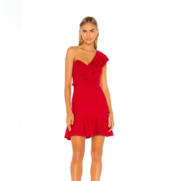 Amanda Uprichard Red Ruffle One Shoulder Mini Dress - Picture 10 of 10